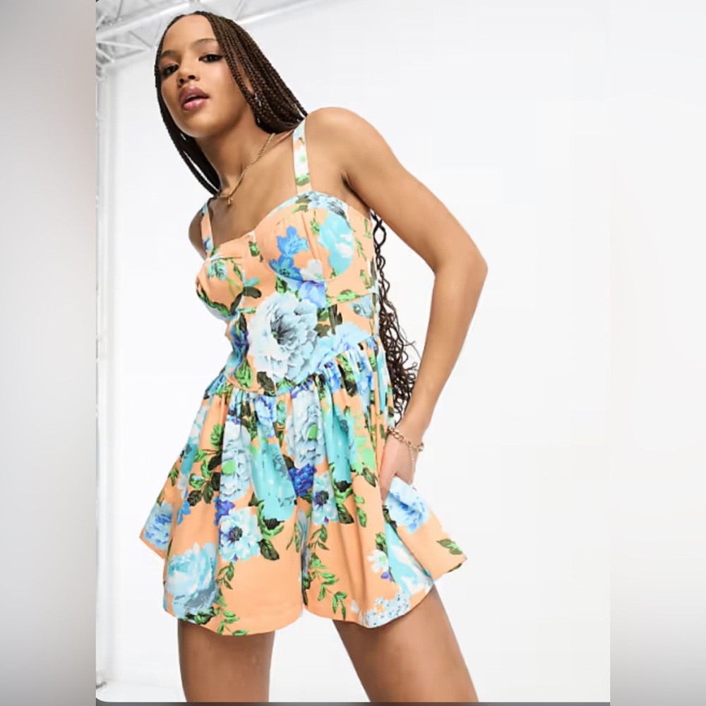 ASOS DESIGN Floral Corset Romper - Apricot & Blue Sunseeker Romper - Size US 2